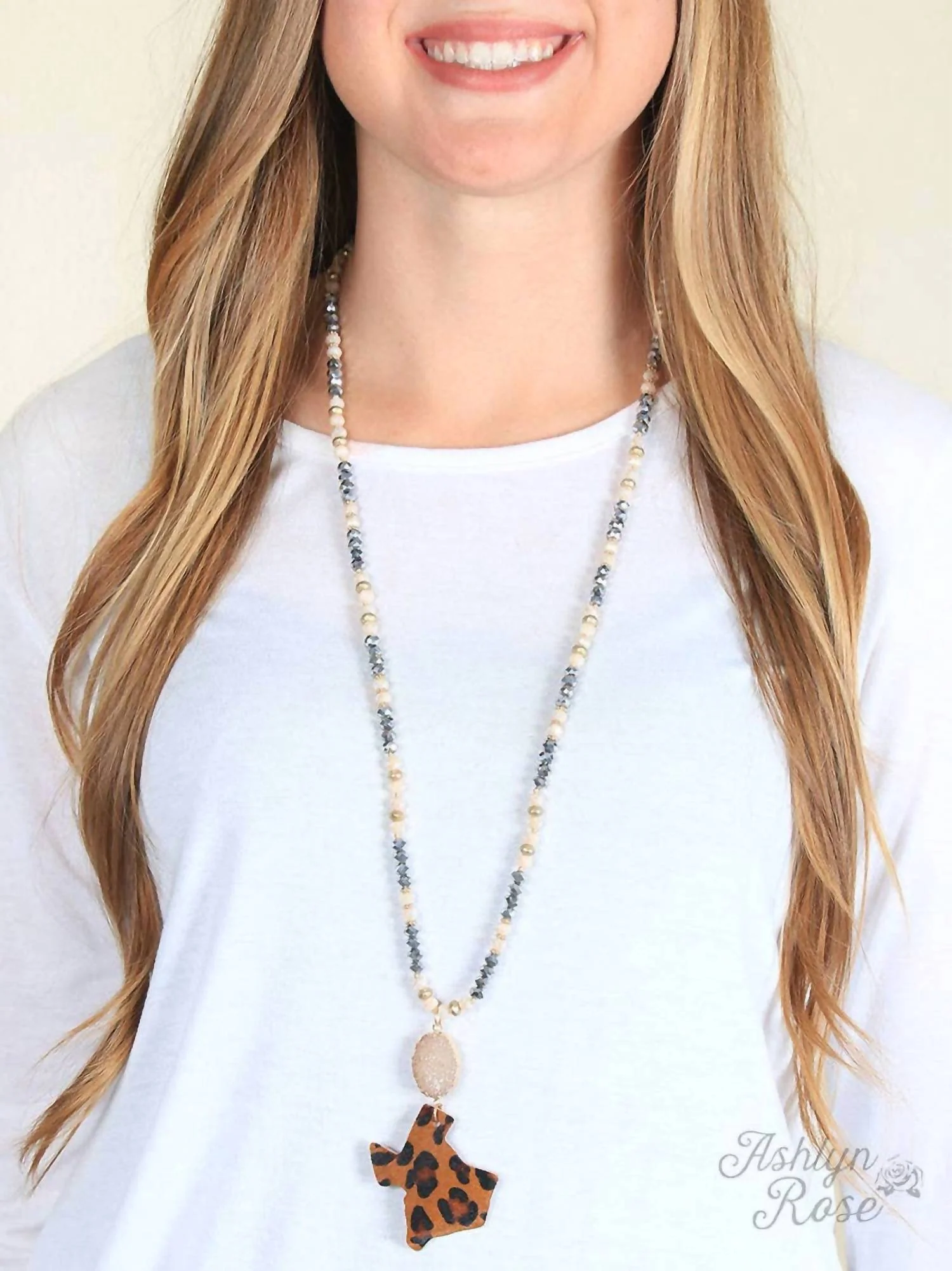 Women's Druzy Stone & Leopard Hide Texas Pendant Beaded Necklace In Beige