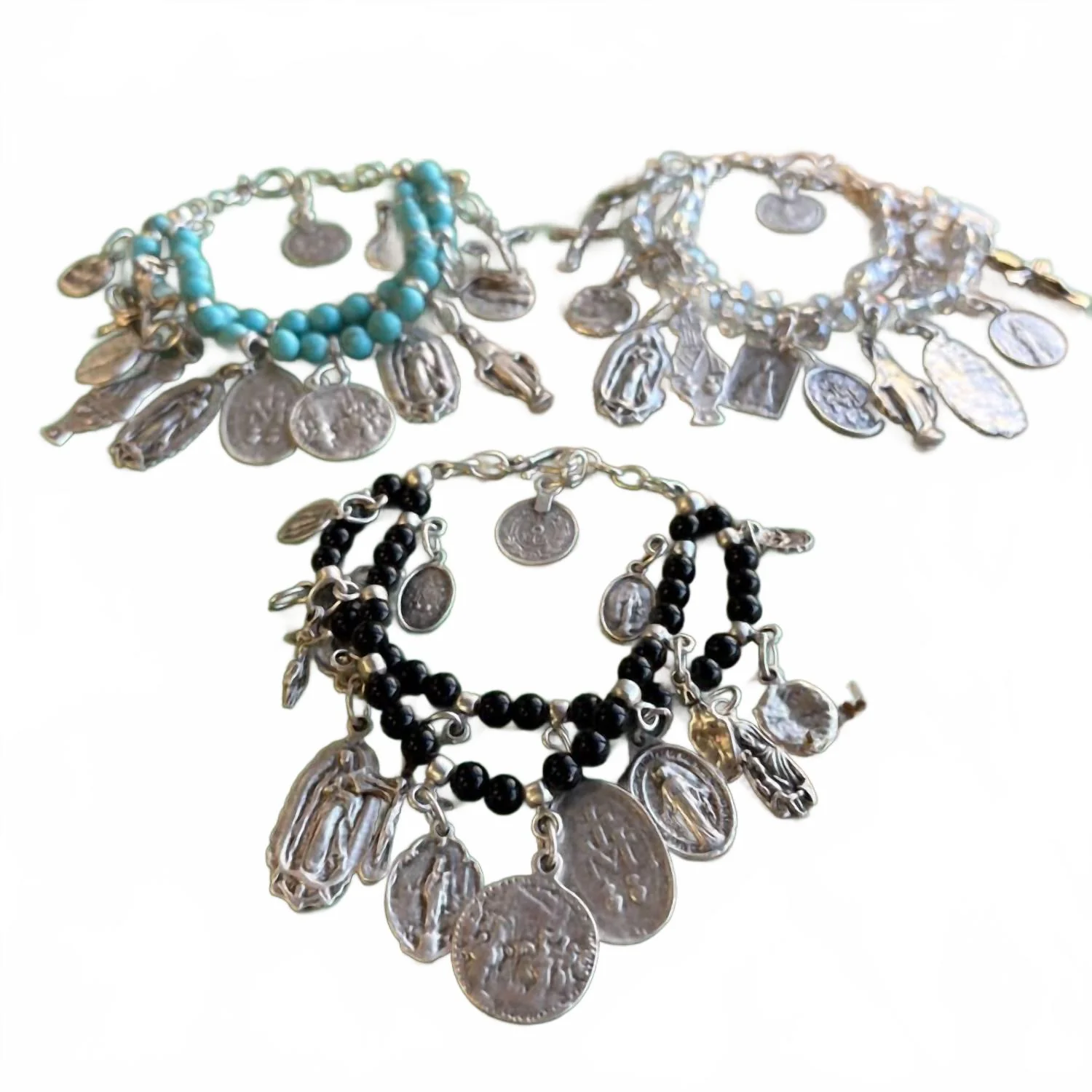 Women's Faith & Charm Double Strand Medal Bracelet In Black Bead - Image 2