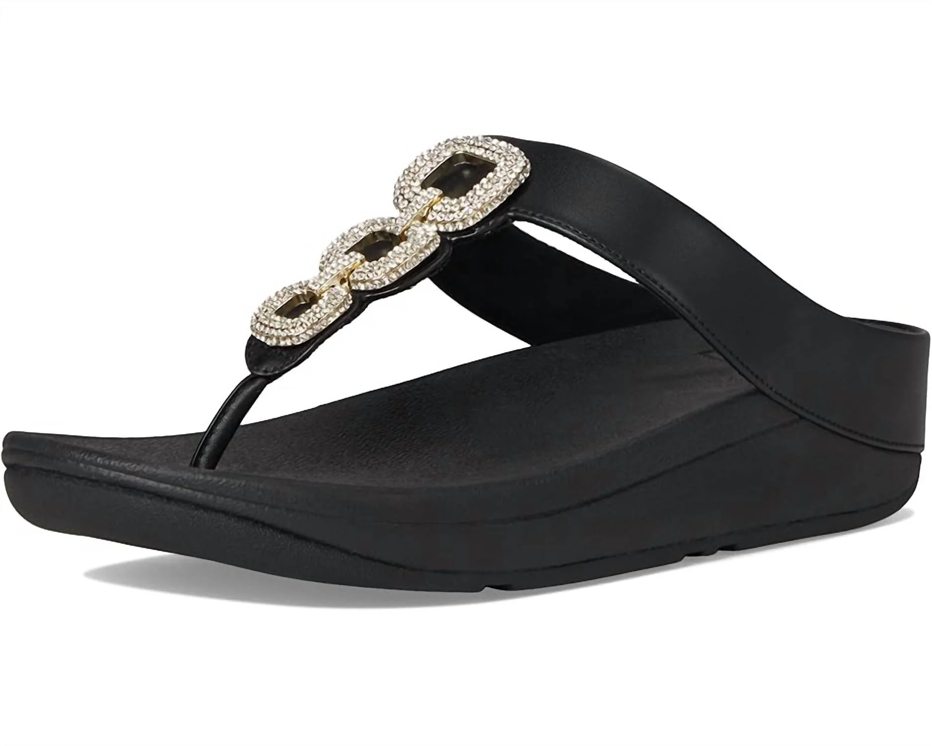 Women's Fino Crystal-Chain Leather Toe-Post Sandals In Black