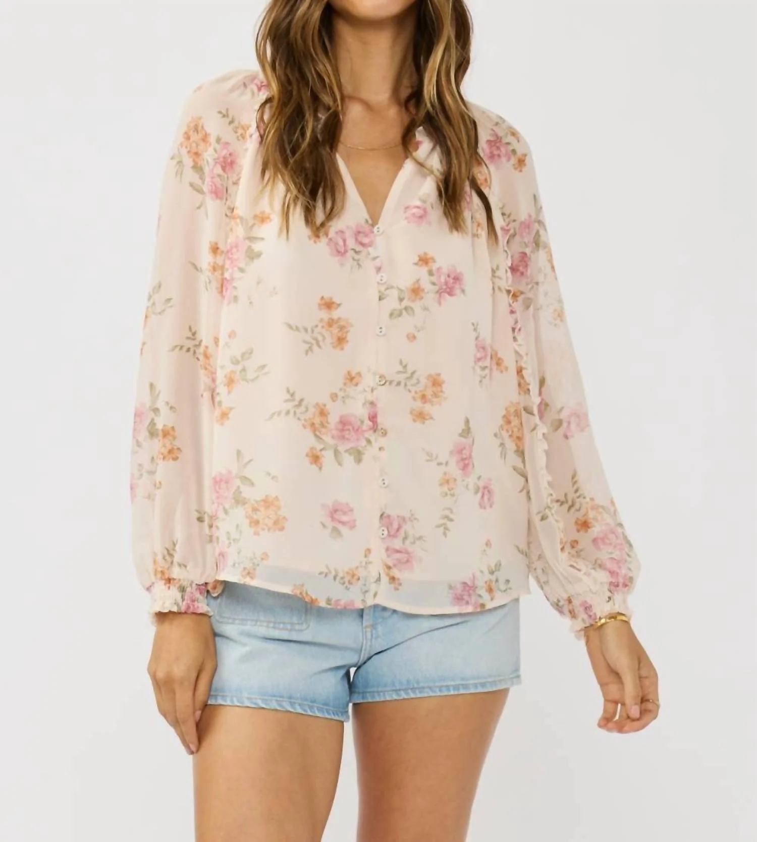 Women's Floral Ruffle Button Blouse In Natural/dusty Rose