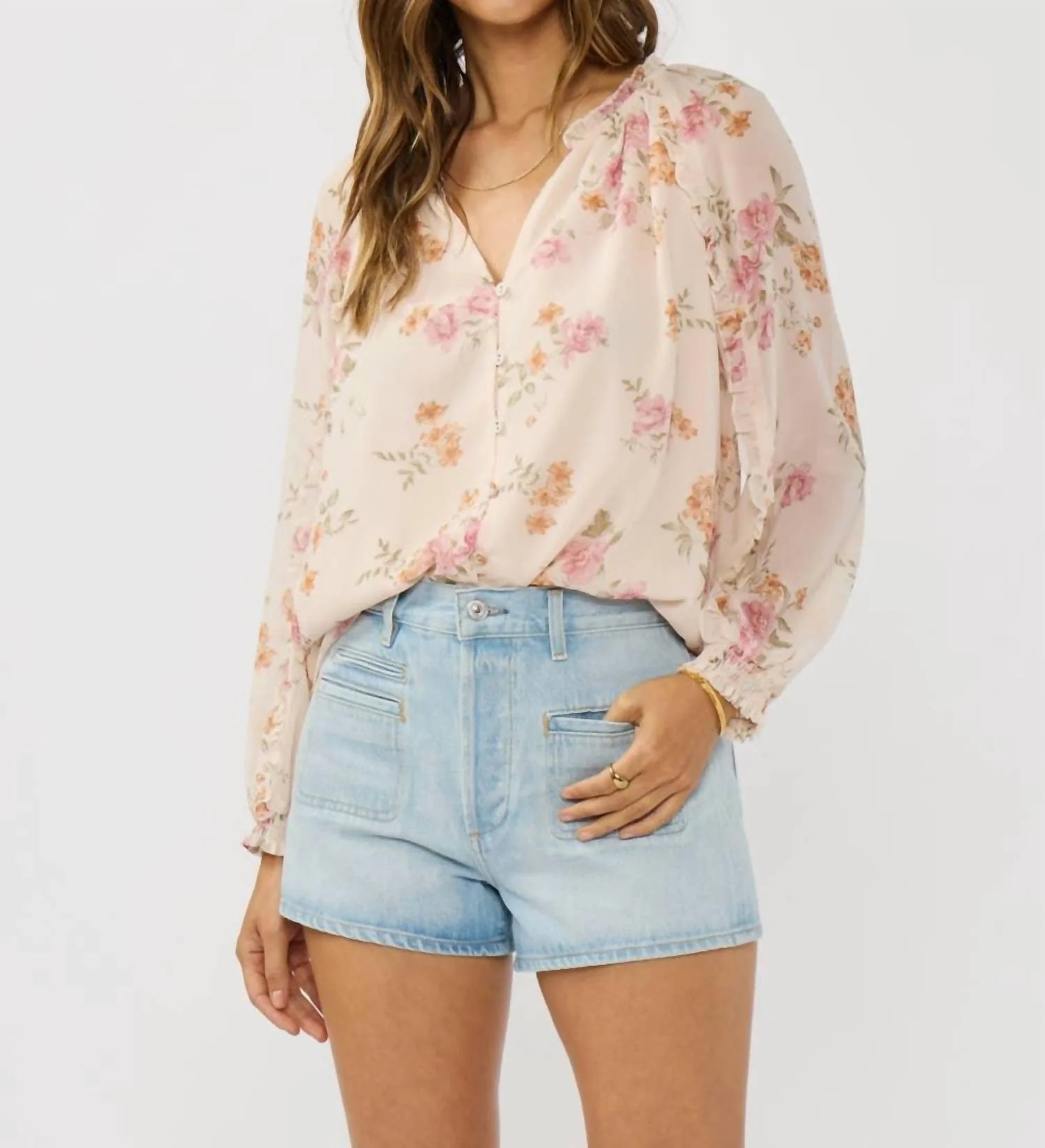 Women's Floral Ruffle Button Blouse In Natural/dusty Rose - Image 4