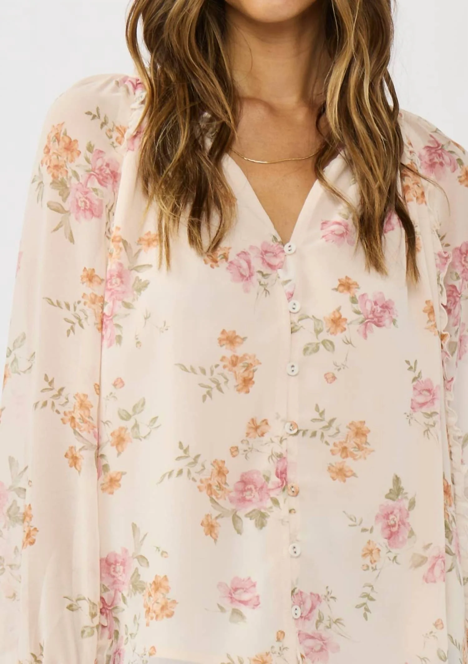 Women's Floral Ruffle Button Blouse In Natural/dusty Rose - Image 5