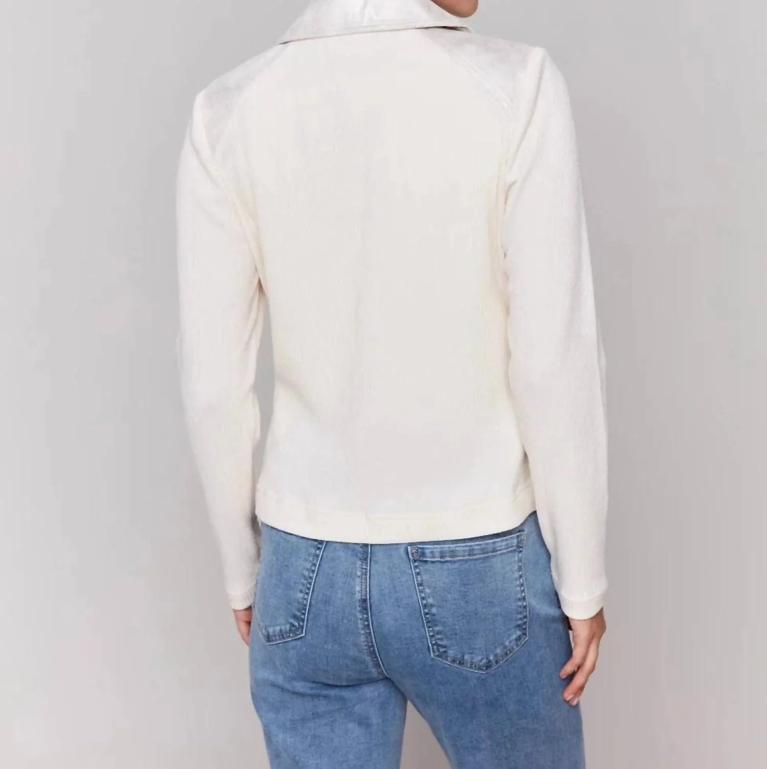 Women's Foiled Vintage Fux Leather And Rib Knit Jacket In Champagne - Image 2