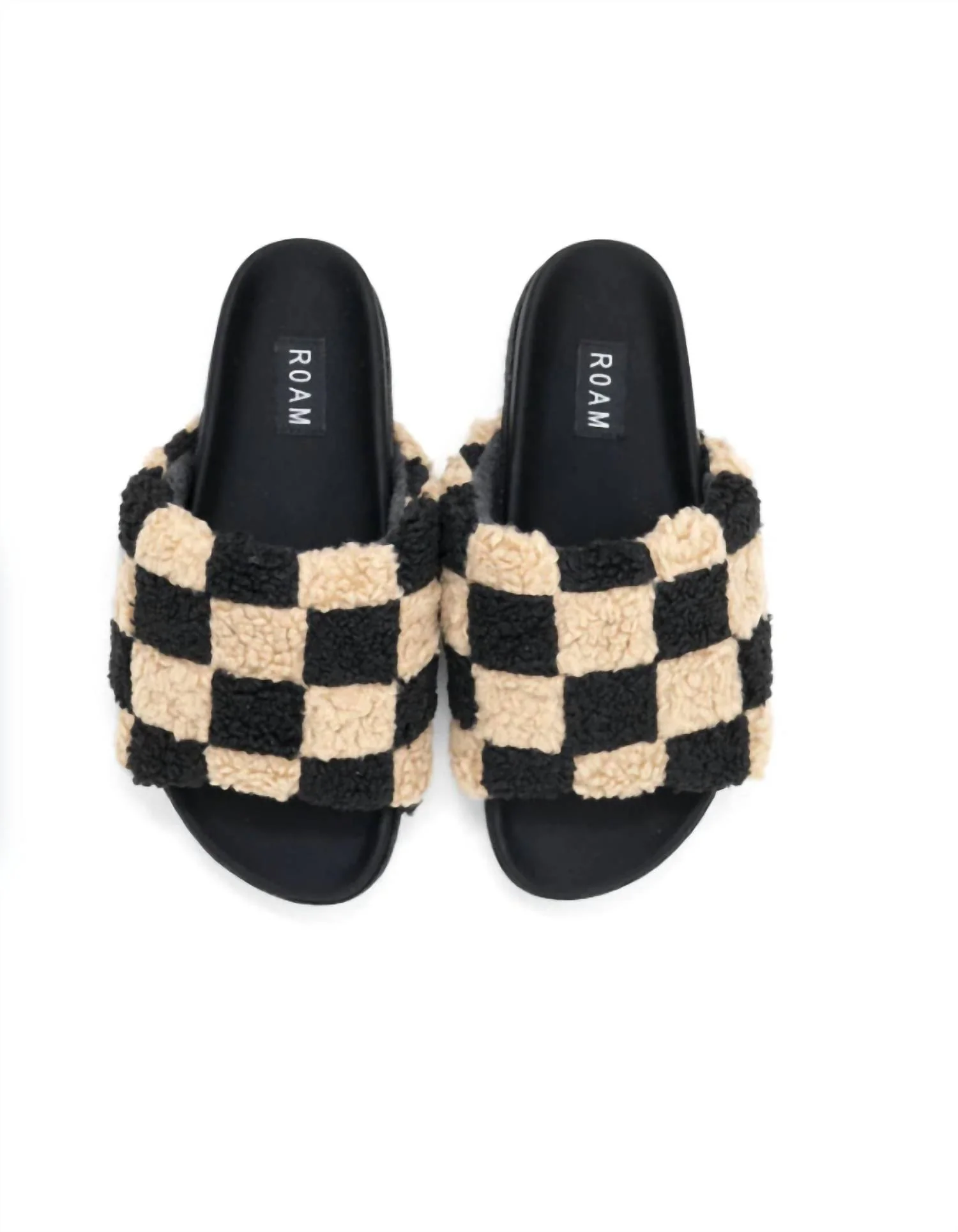 Women's Fuzzy Check Slides In Beige & Black Faux Shearling - Image 2