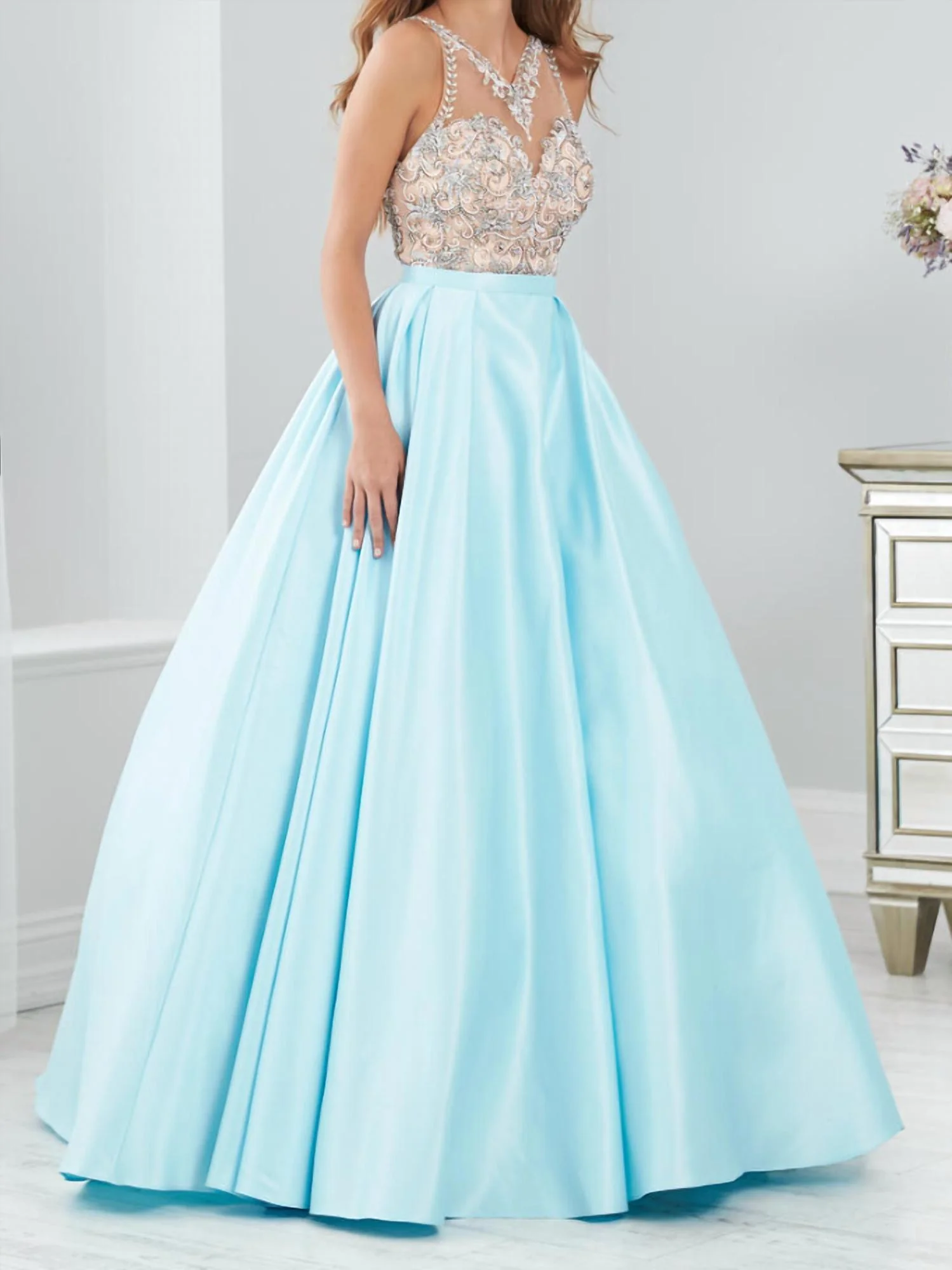 Women's Illusion Neckline With Pearls Prom Dress In Sky - Image 2