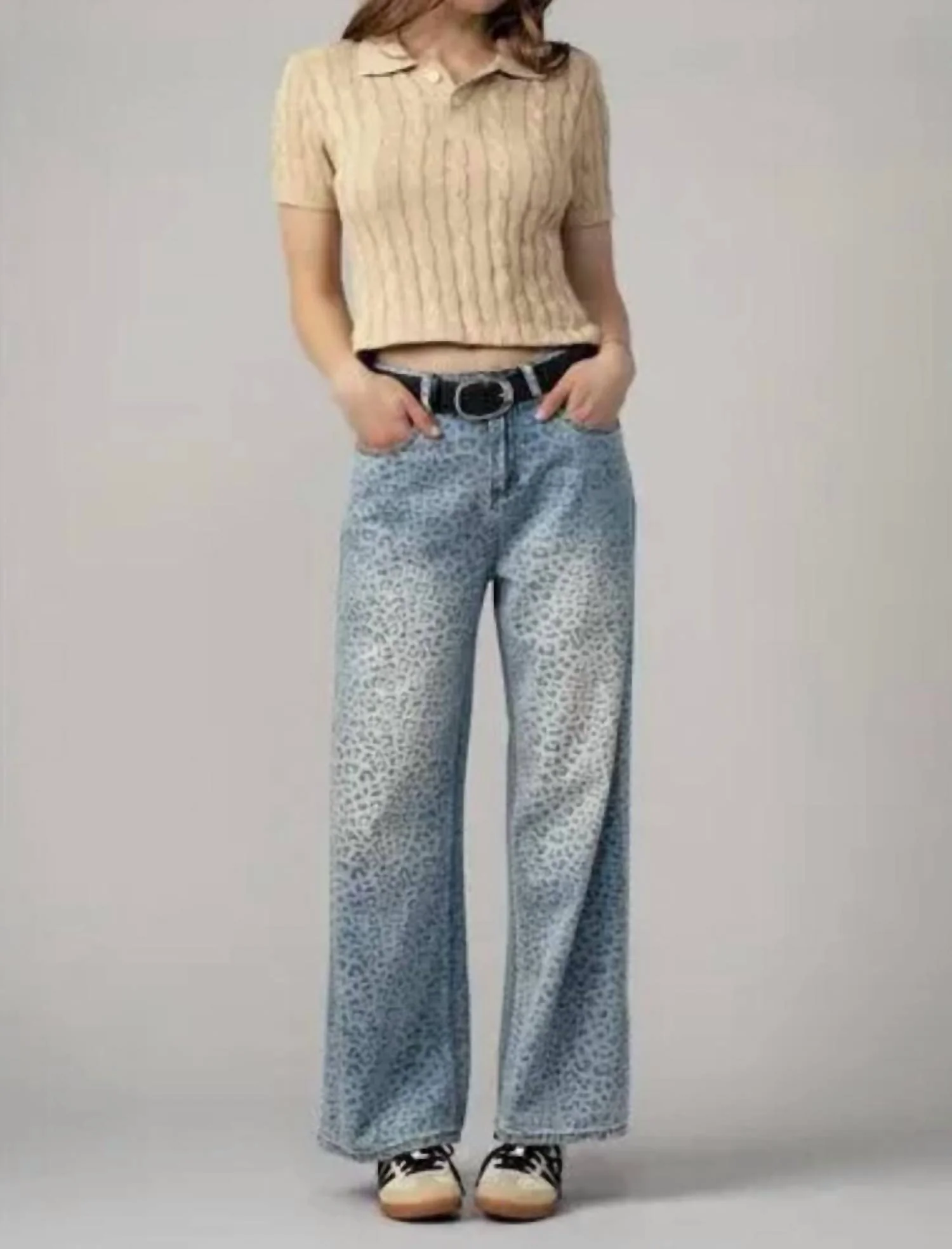 Women's Leopard Print Wide Leg Denim Pants In Animal Print - Image 3