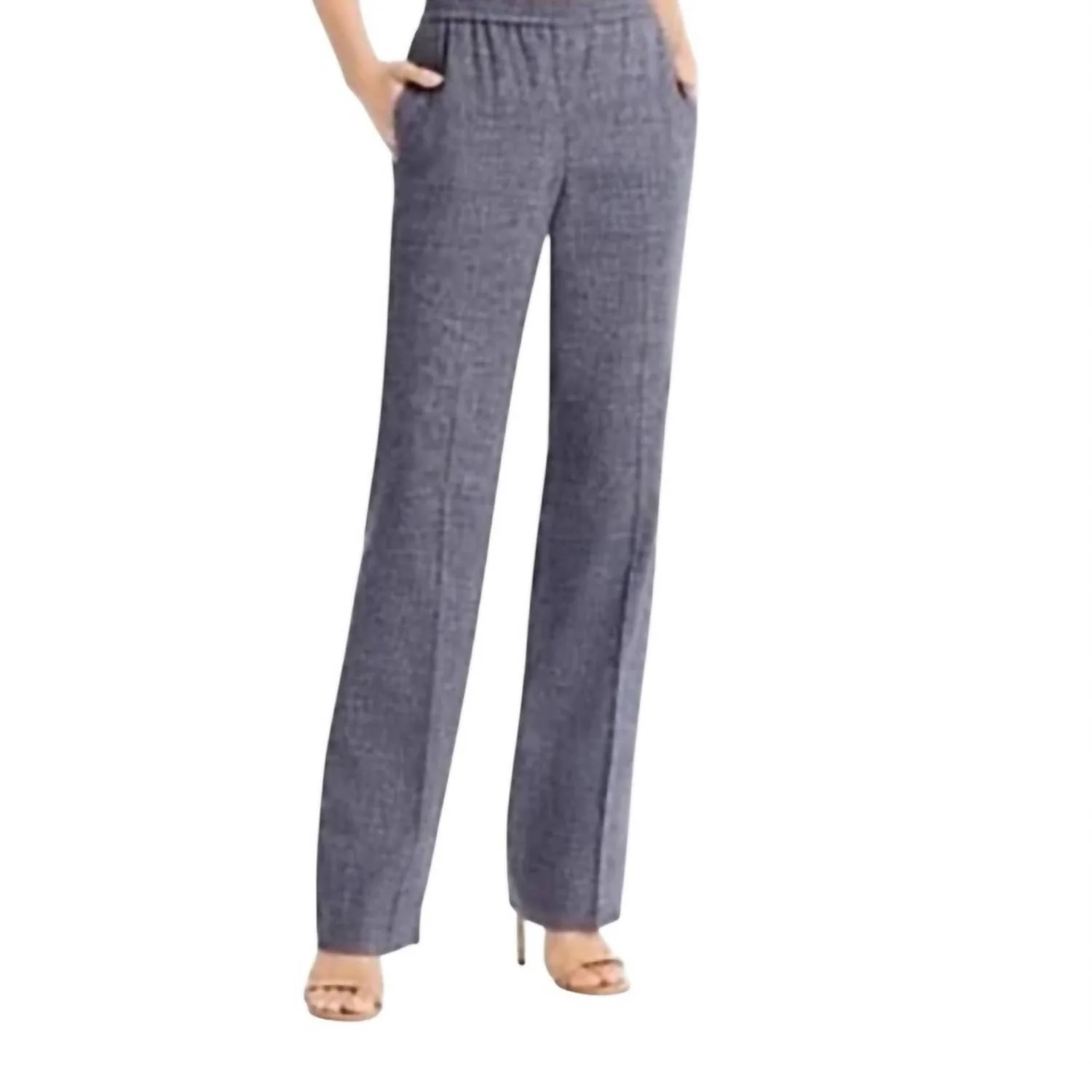 Women's Linen Blend Straight Pull On Pants In Navy Melange Eco Sharkskin