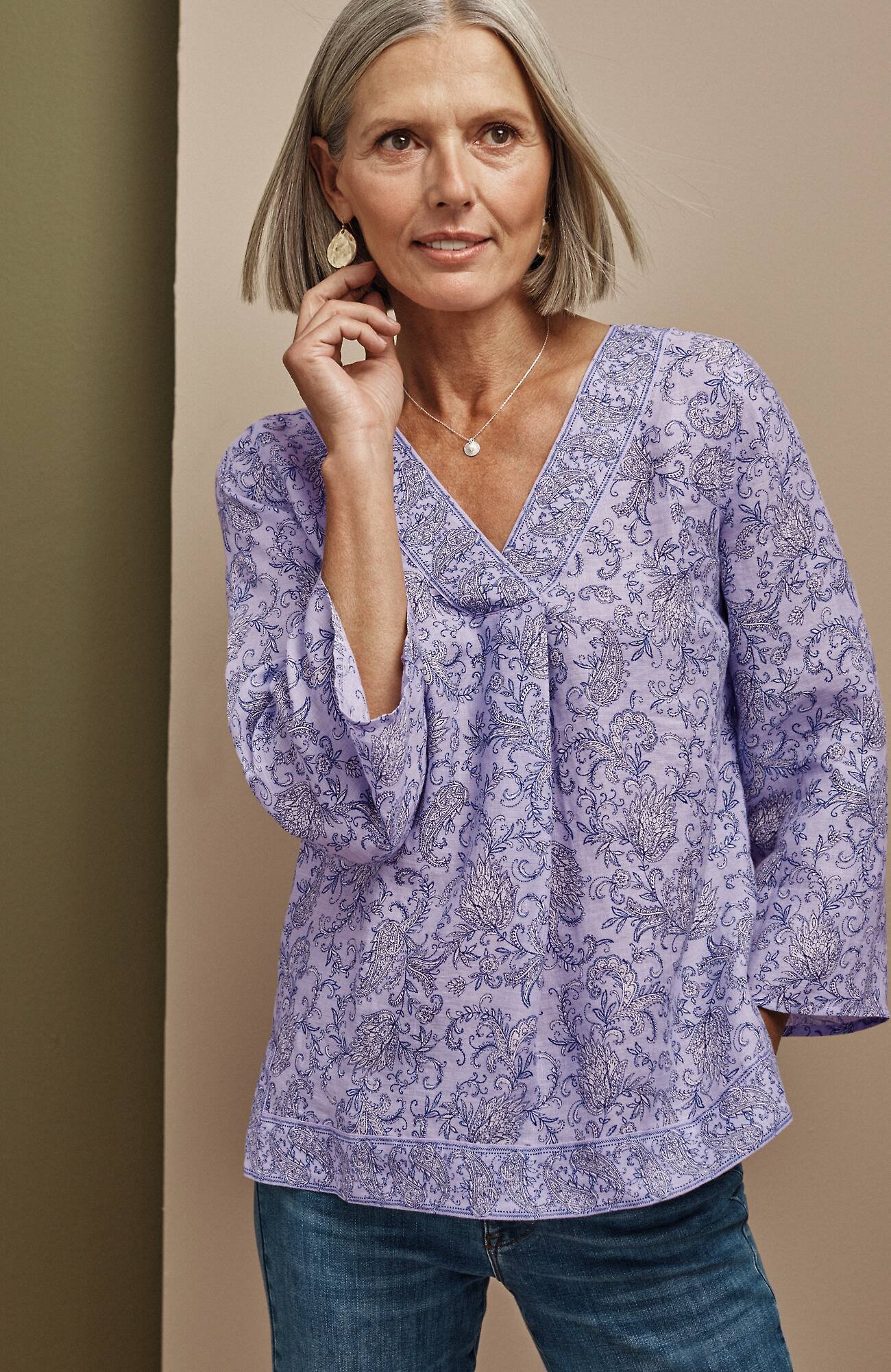 Women's Linen Border-Printed Popover