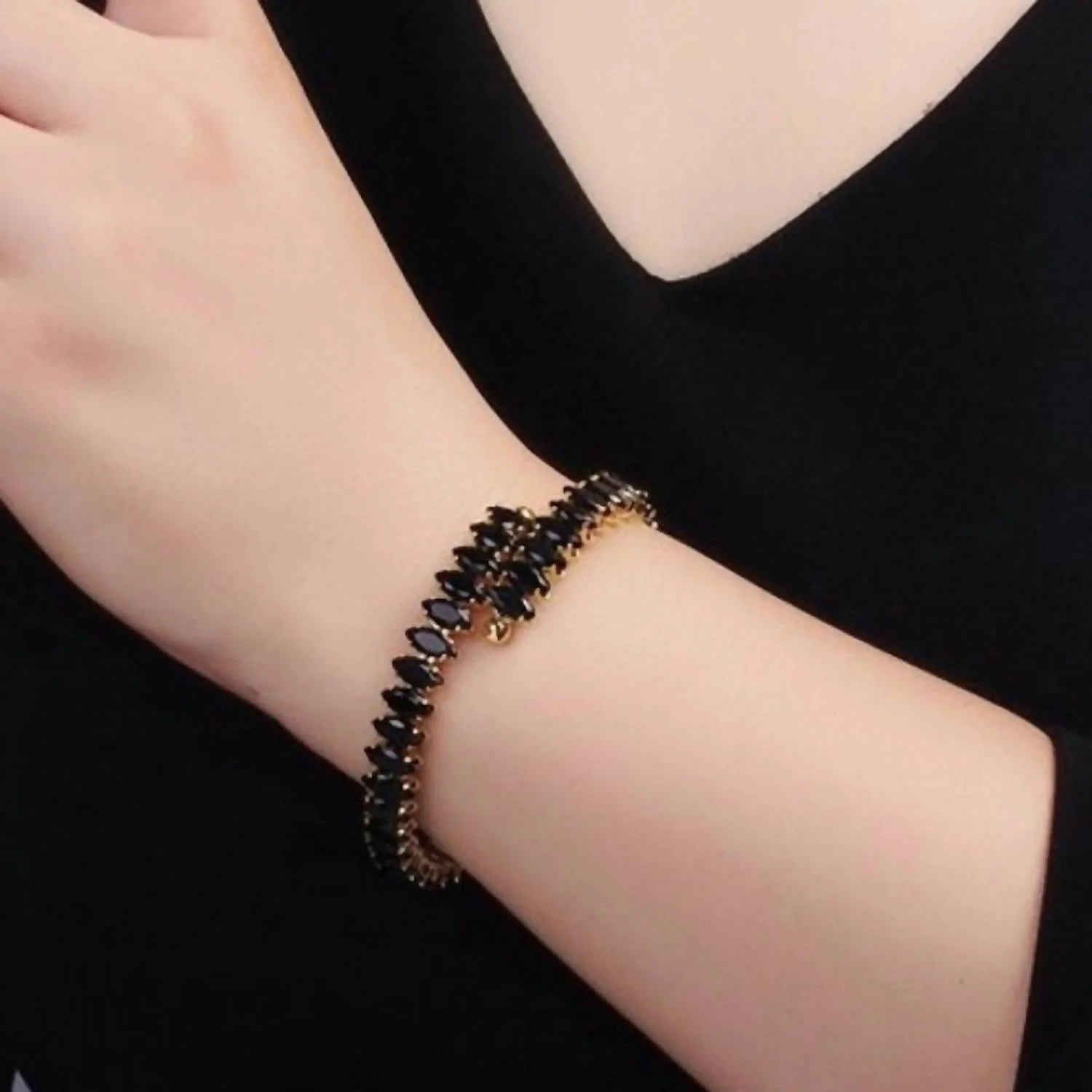 Women's Marquise Cubic Zirconia Tennis Chain Wrap Cuff Bracelet In Black - Image 2