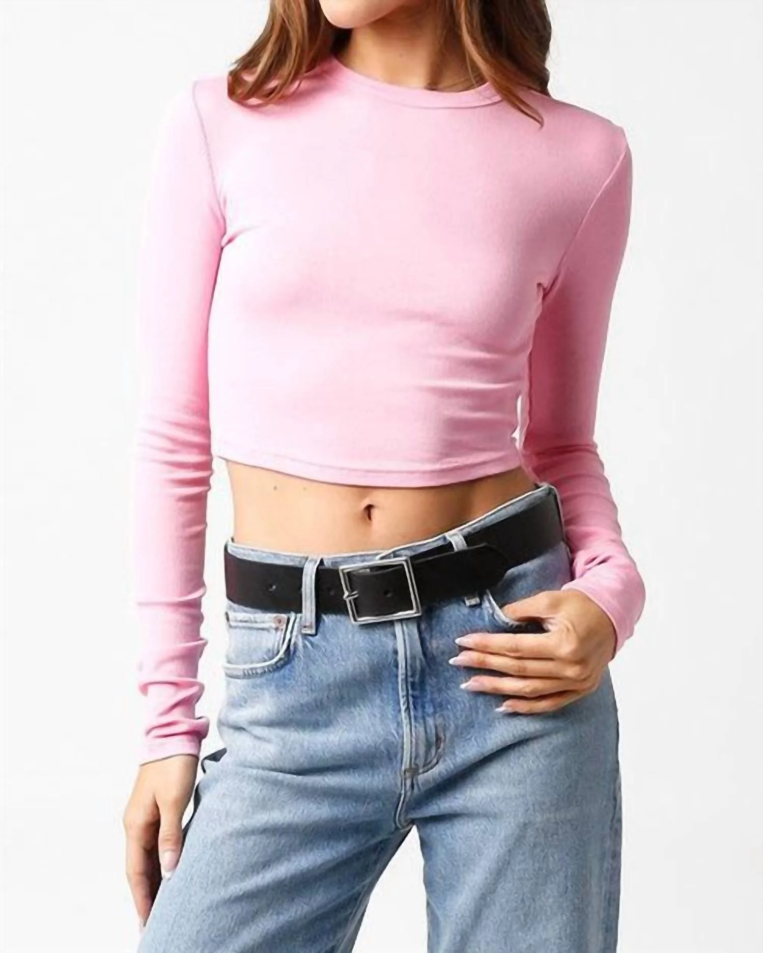 Women's Mia Fitted Ribbed Crop Long Sleeve Top In Bubblegum Pink