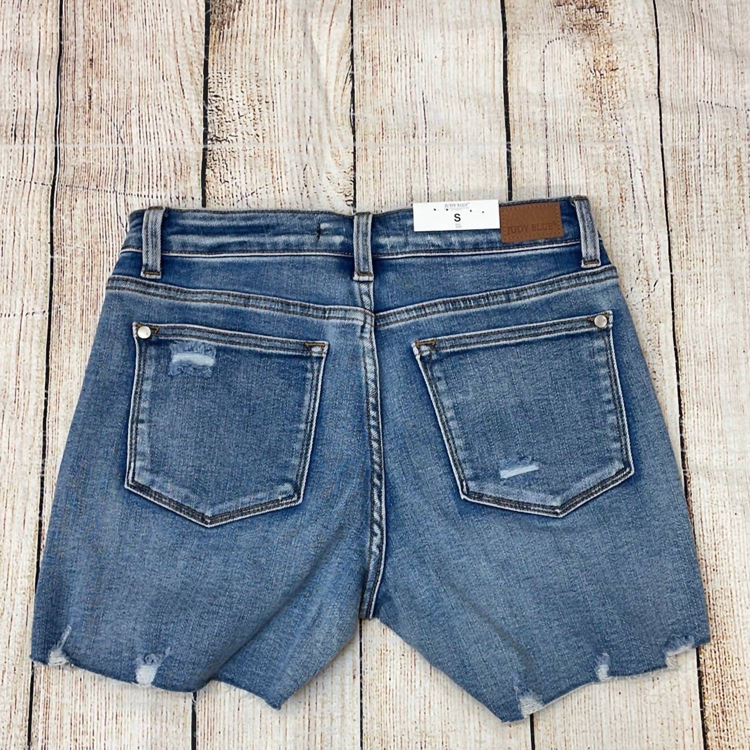 Women's Mid-Rise Serape Patch Destroyed Shorts In Blue - Image 2