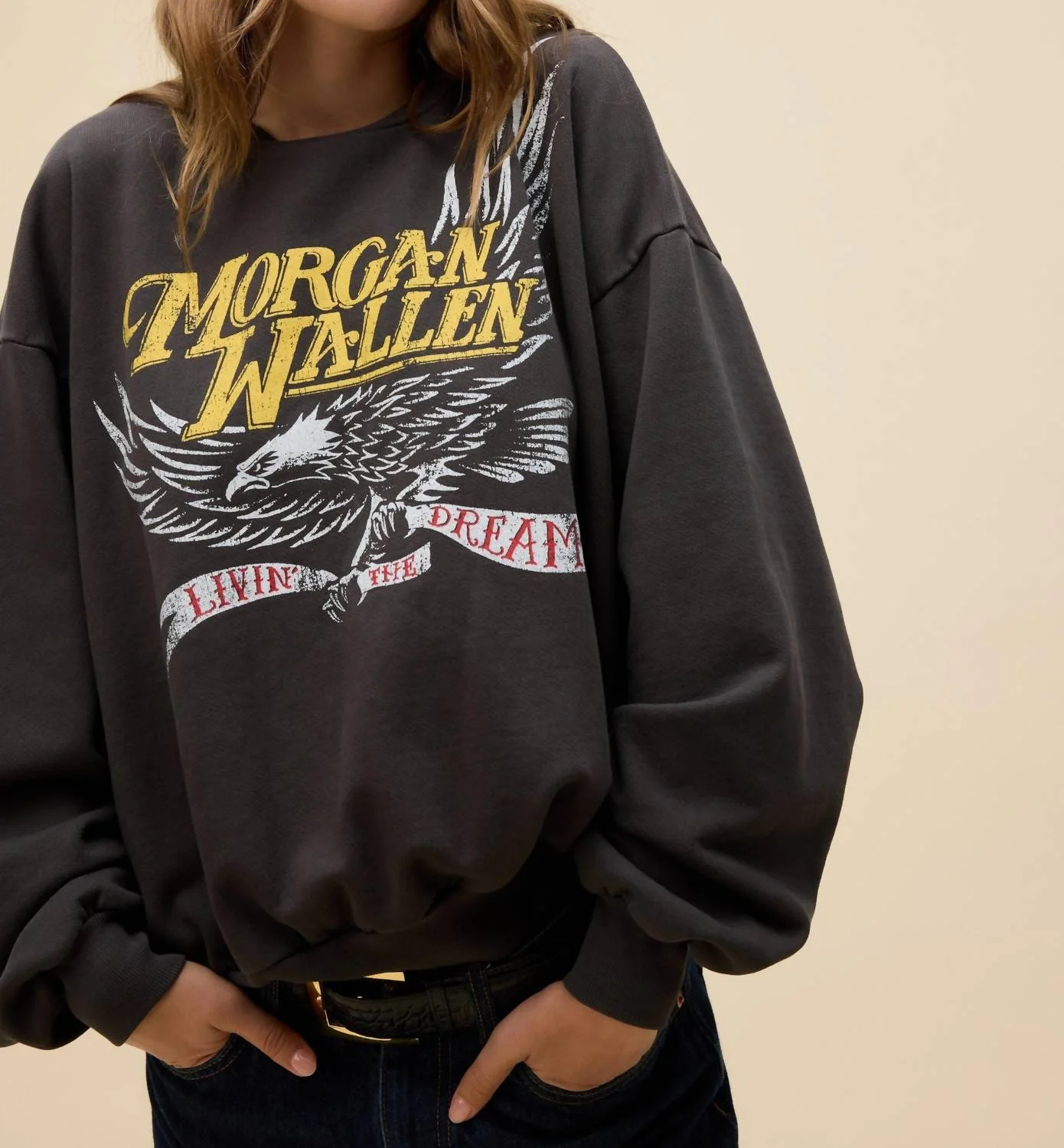Women's Morgan Wallen Classic Eagle Oversized Crew Sweatshirt In Washed Black