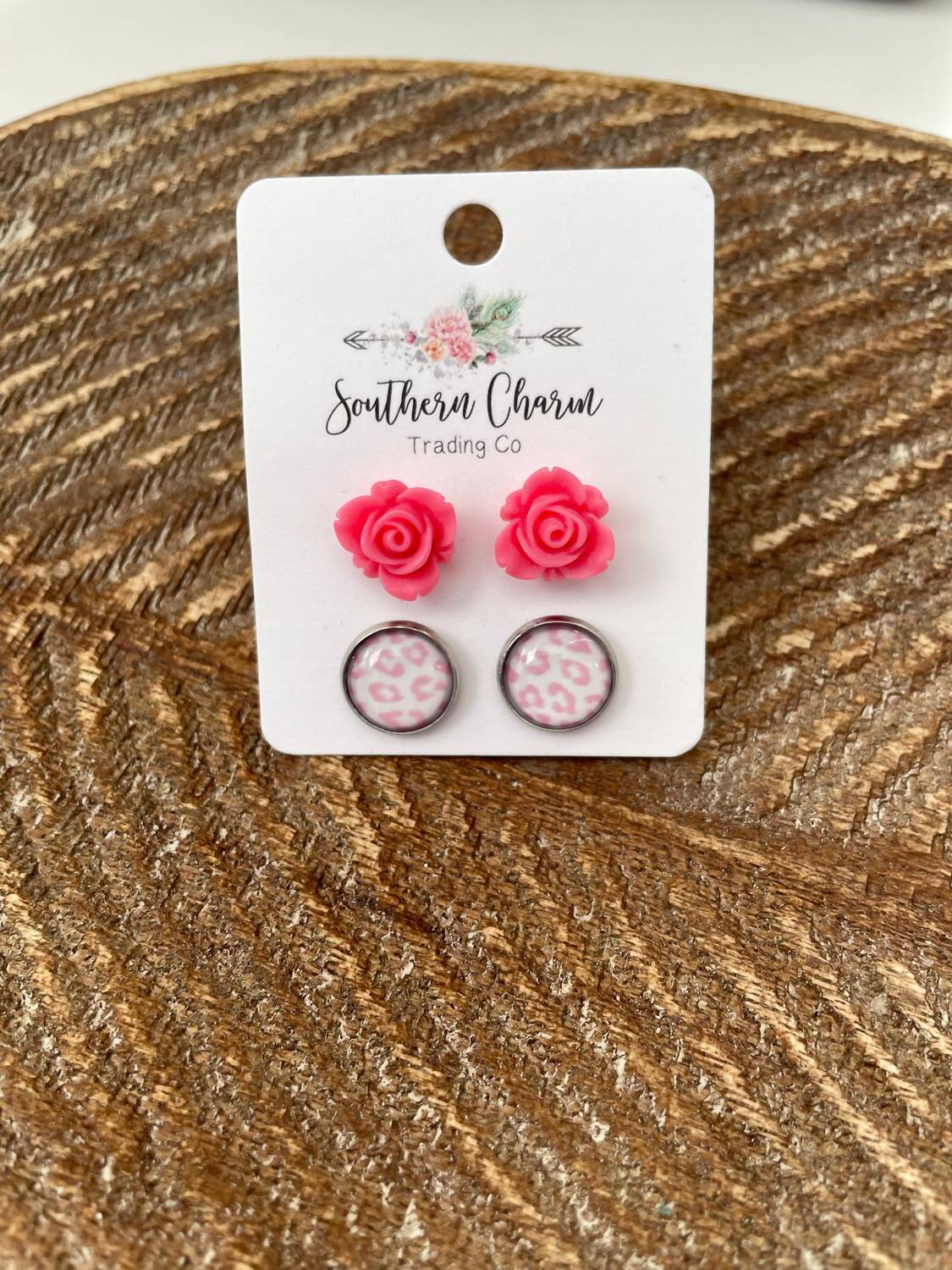 Women's Rose & Leopard Stud Earrings Set In Pink