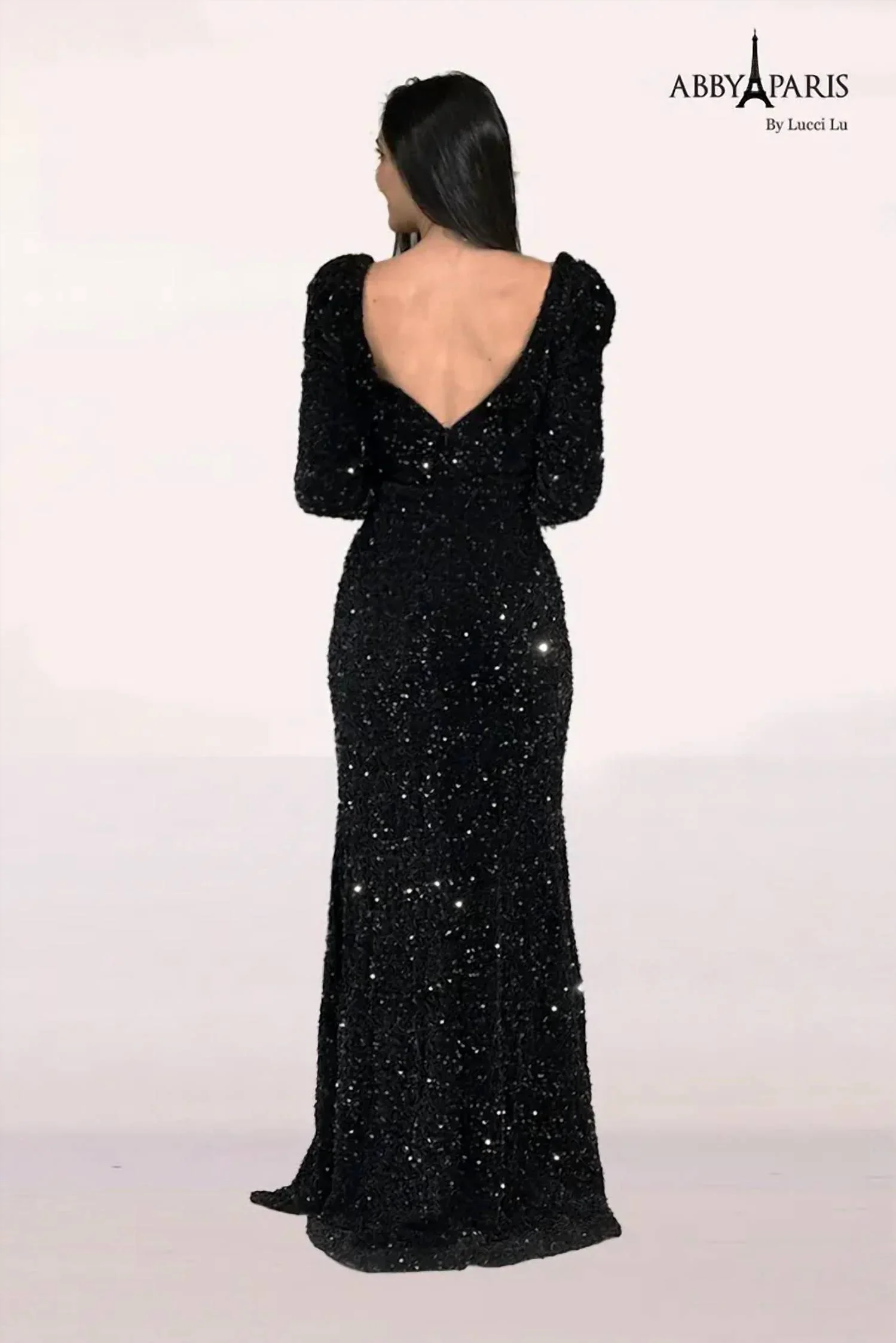 Women's Sequin Feather Long Sleeve Gown In Black - Image 2