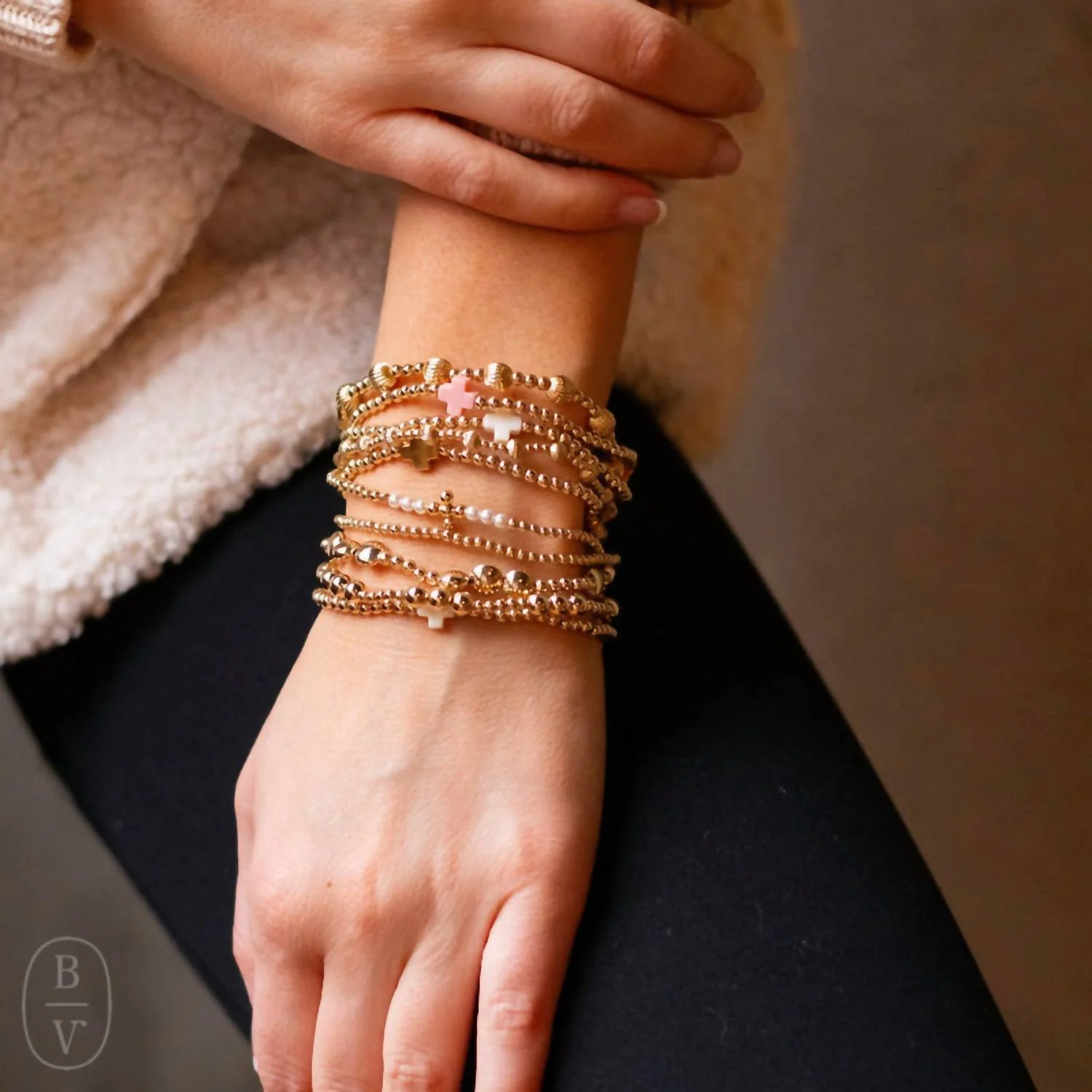 Women's Signature Cross Small Pattern Bead Bracelet In Gold - Image 2