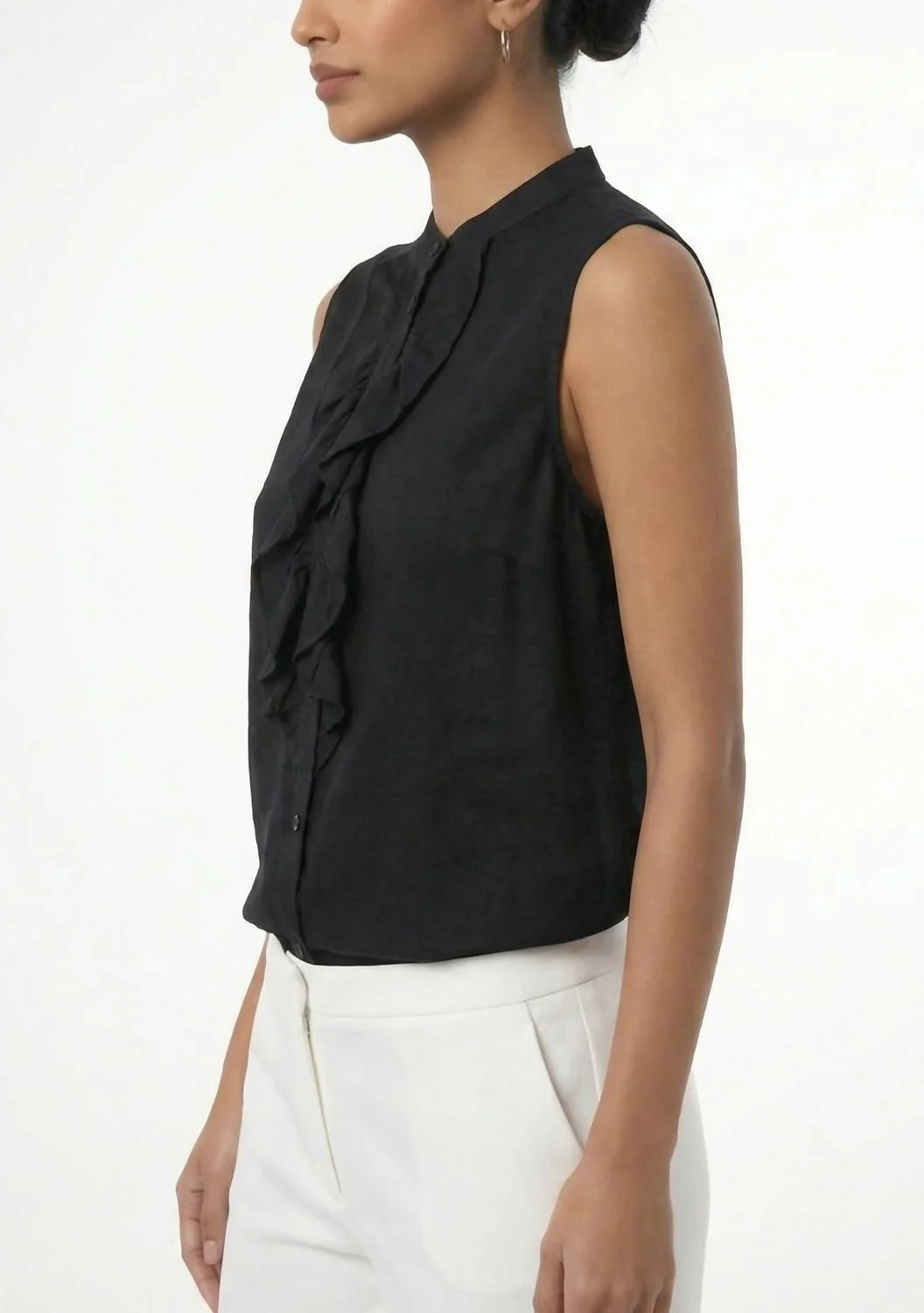 Women's Sleeveless Ruffle Linen Top In Black - Image 3