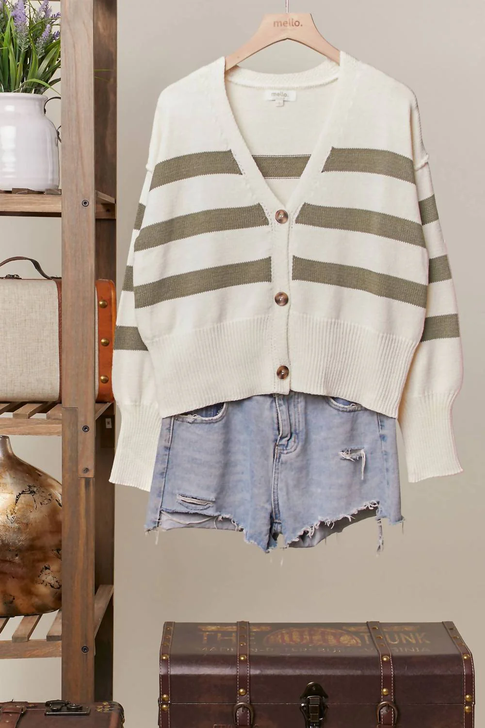 Women's Striped V-Neck Knit Cardigan In Ivory
