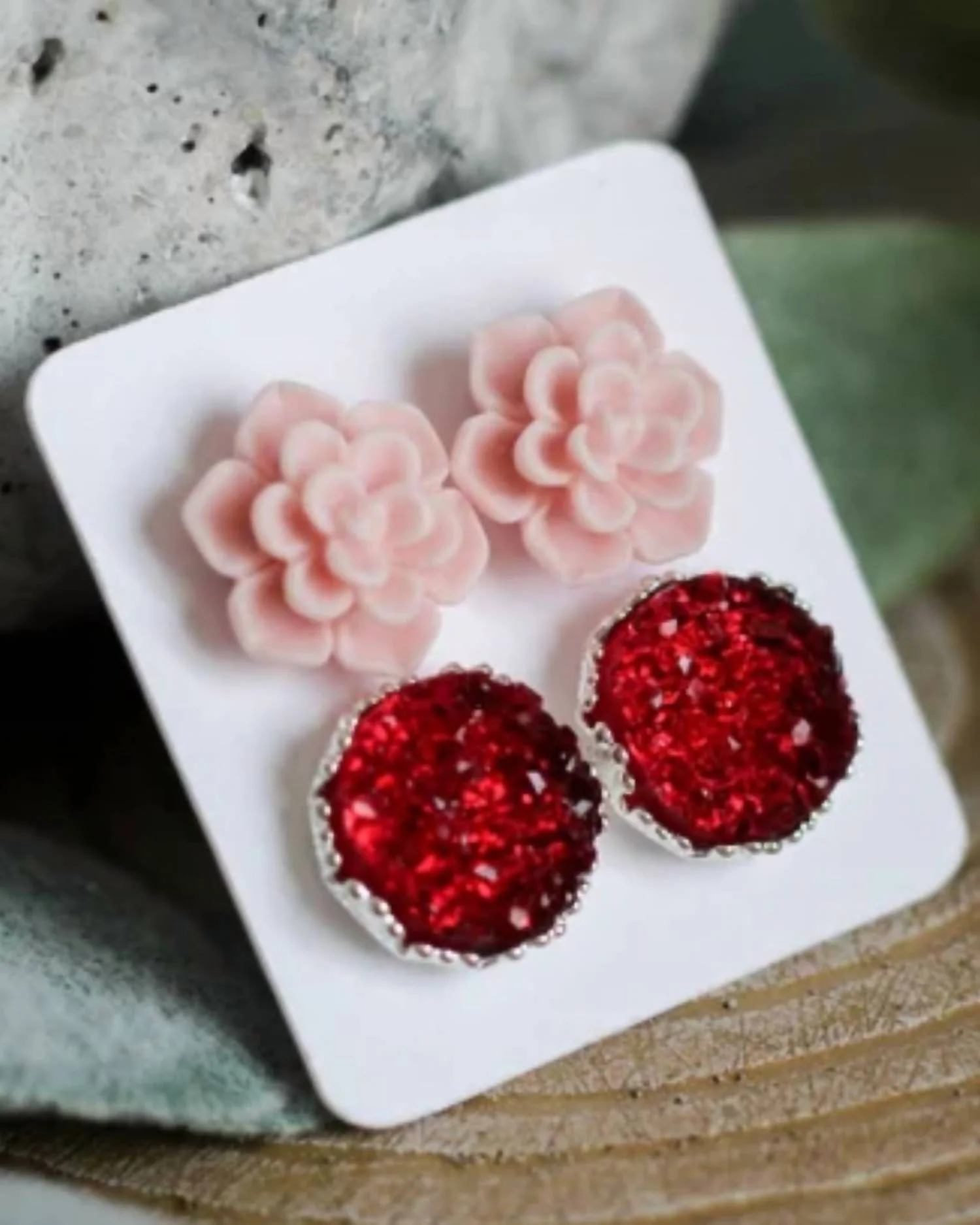 Women's Succulent Druzy Earring Set In Light Pink/ Red