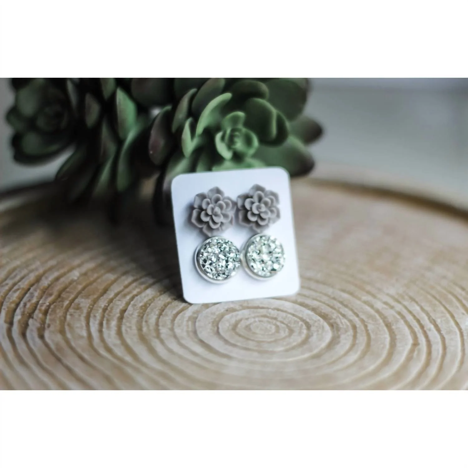 Women's Succulent & Druzy Stud Earring Set In Grey - Image 2
