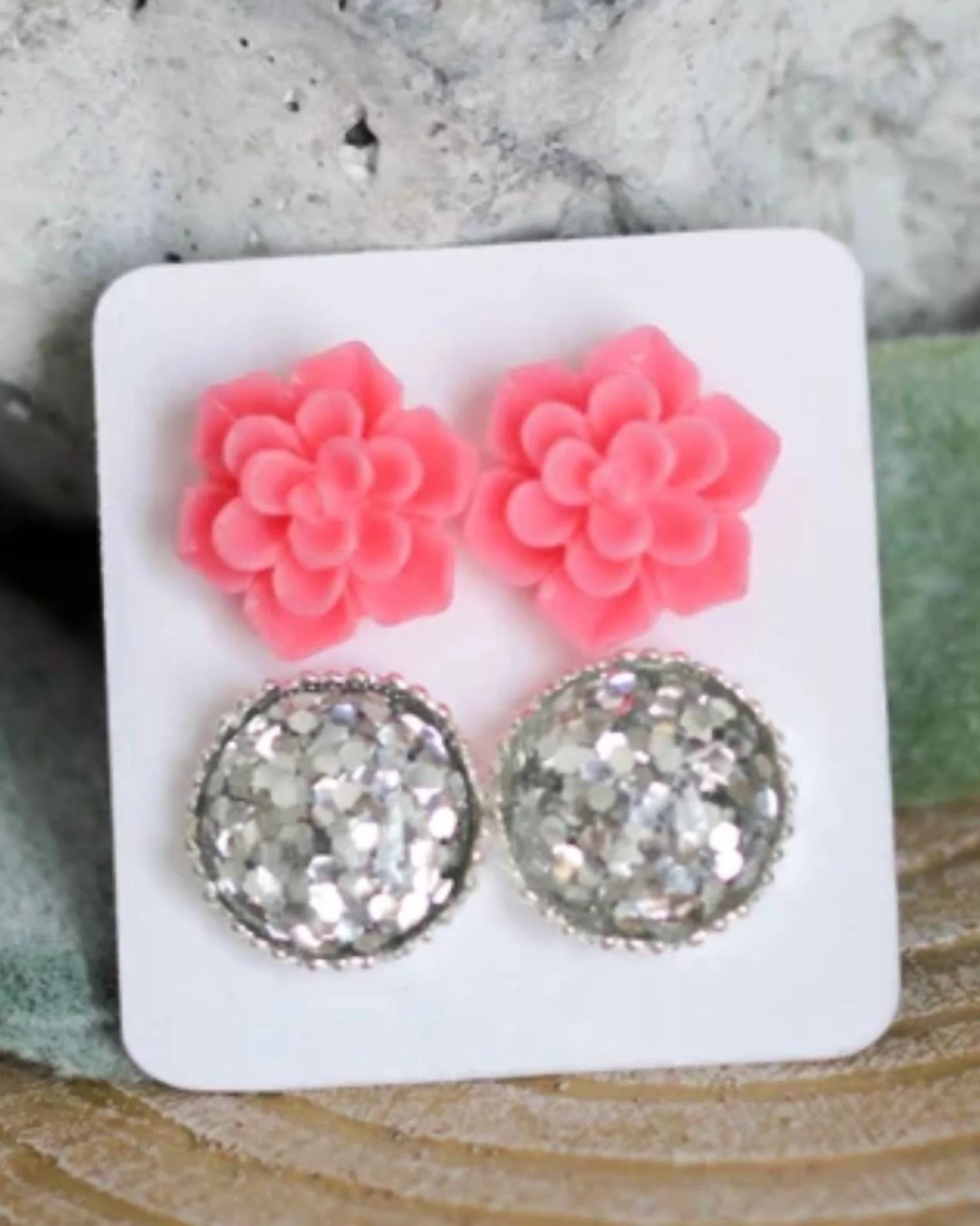 Women's Succulent & Druzy Stud Earring Set In Hot Pink / Silver
