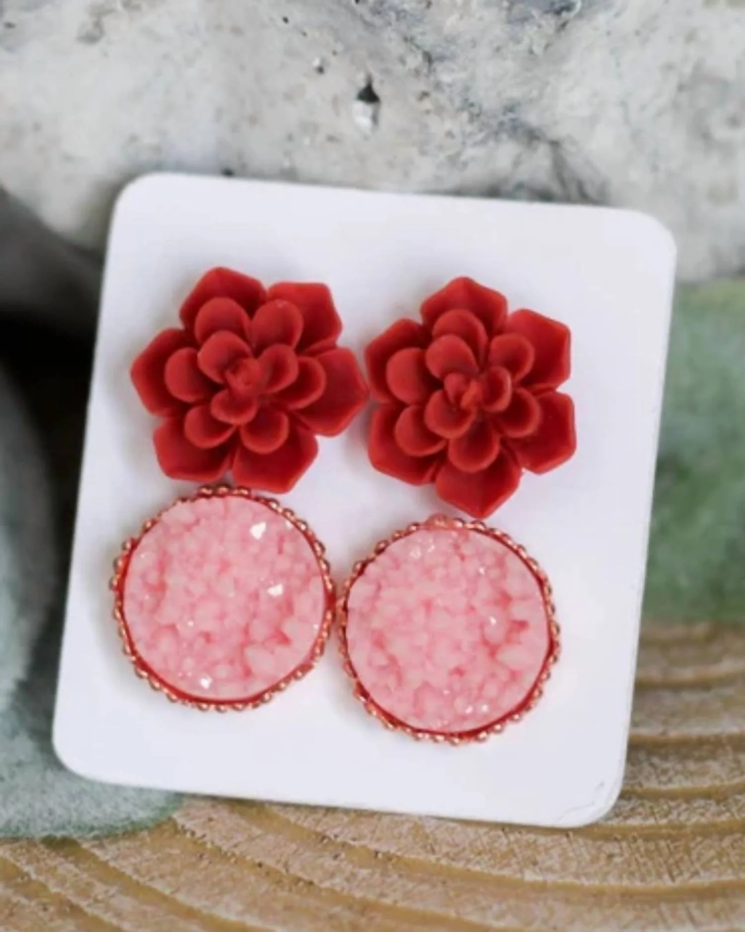 Women's Succulent & Druzy Stud Earring Set In Red/ Pink