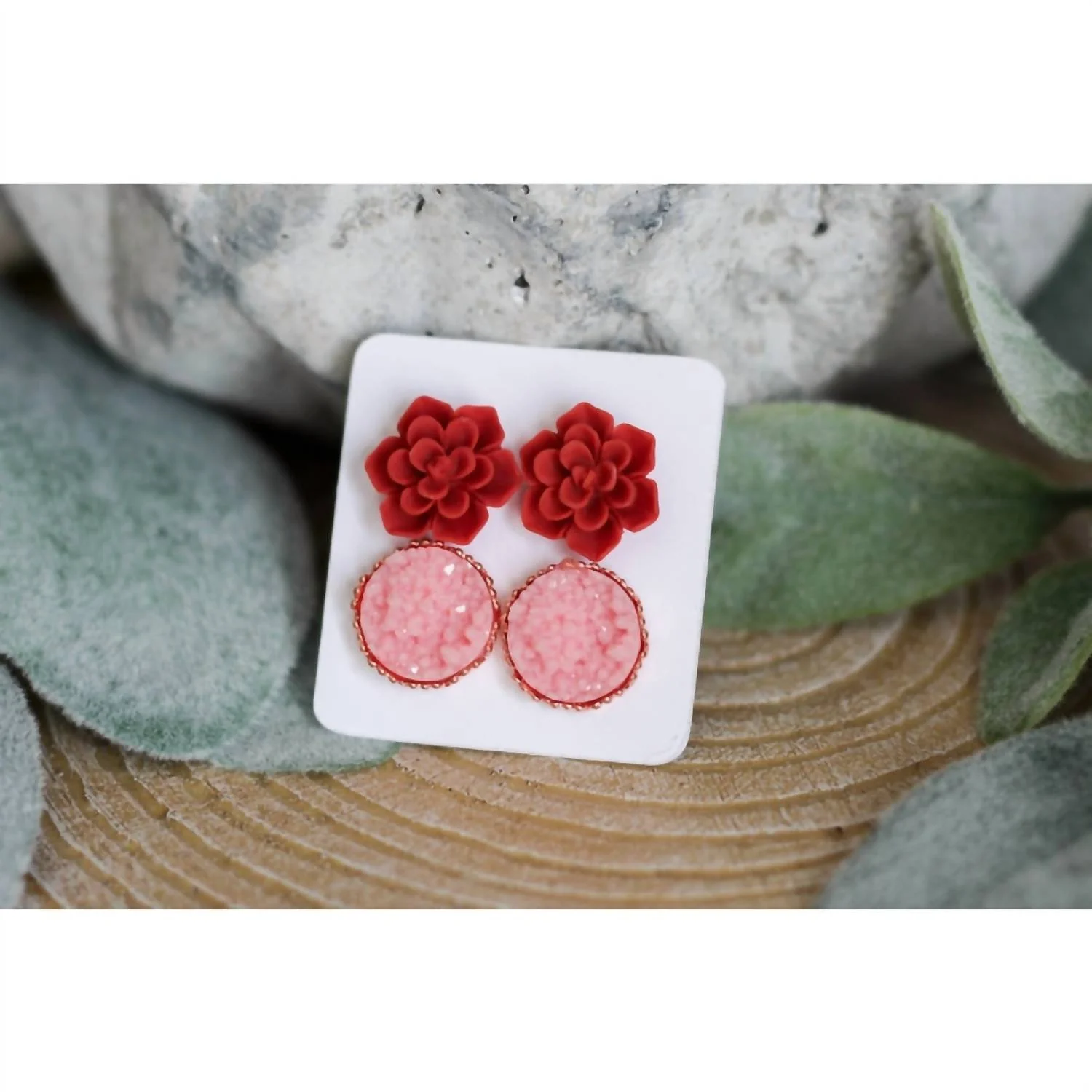 Women's Succulent & Druzy Stud Earring Set In Red/ Pink - Image 2