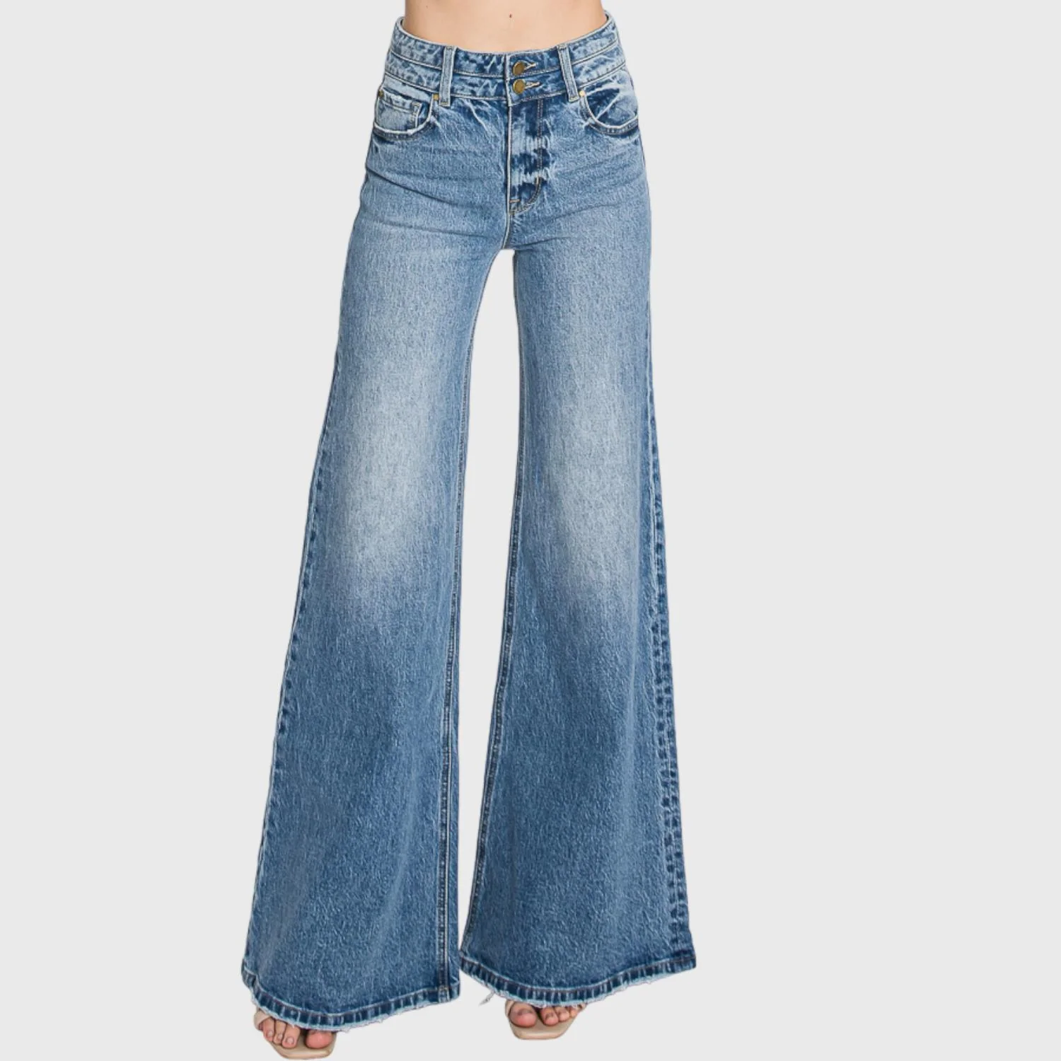 Women's Vintage High Waisted Stretch Wide Leg Jeans In Blue - Image 4