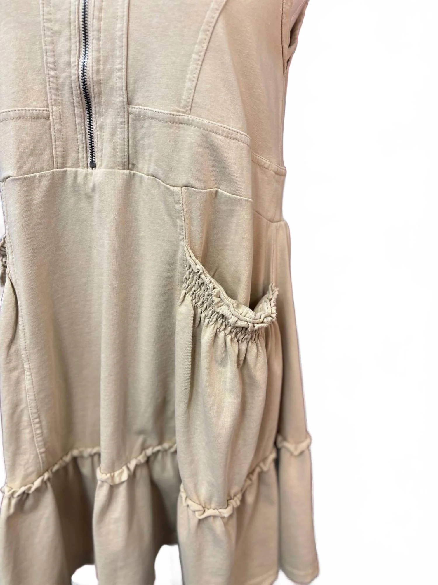 Women's Washed Neutral Zip-Front Tiered Tunic Dress In Beige - Image 2