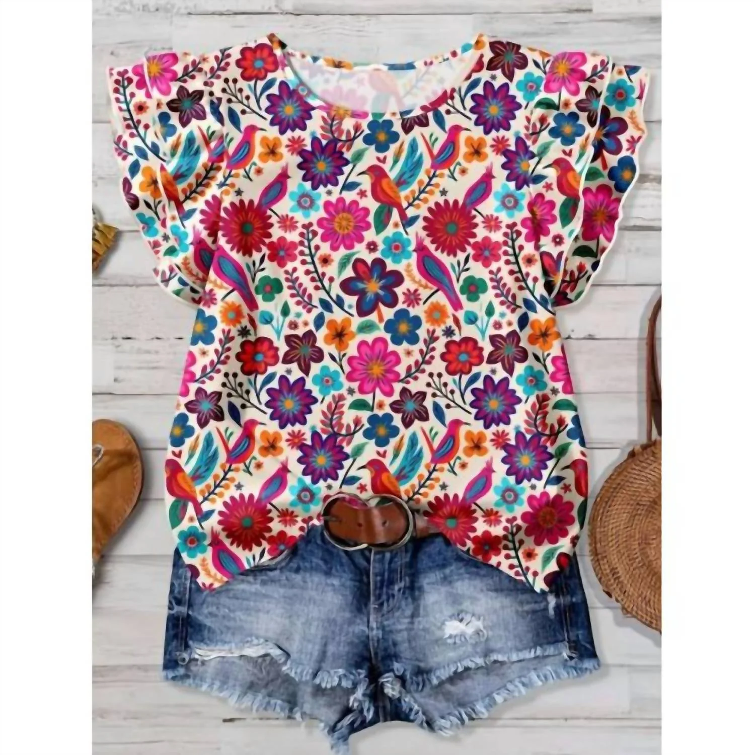 Women's Western Vintage Floral Ruffle Sleeve Top In Multi