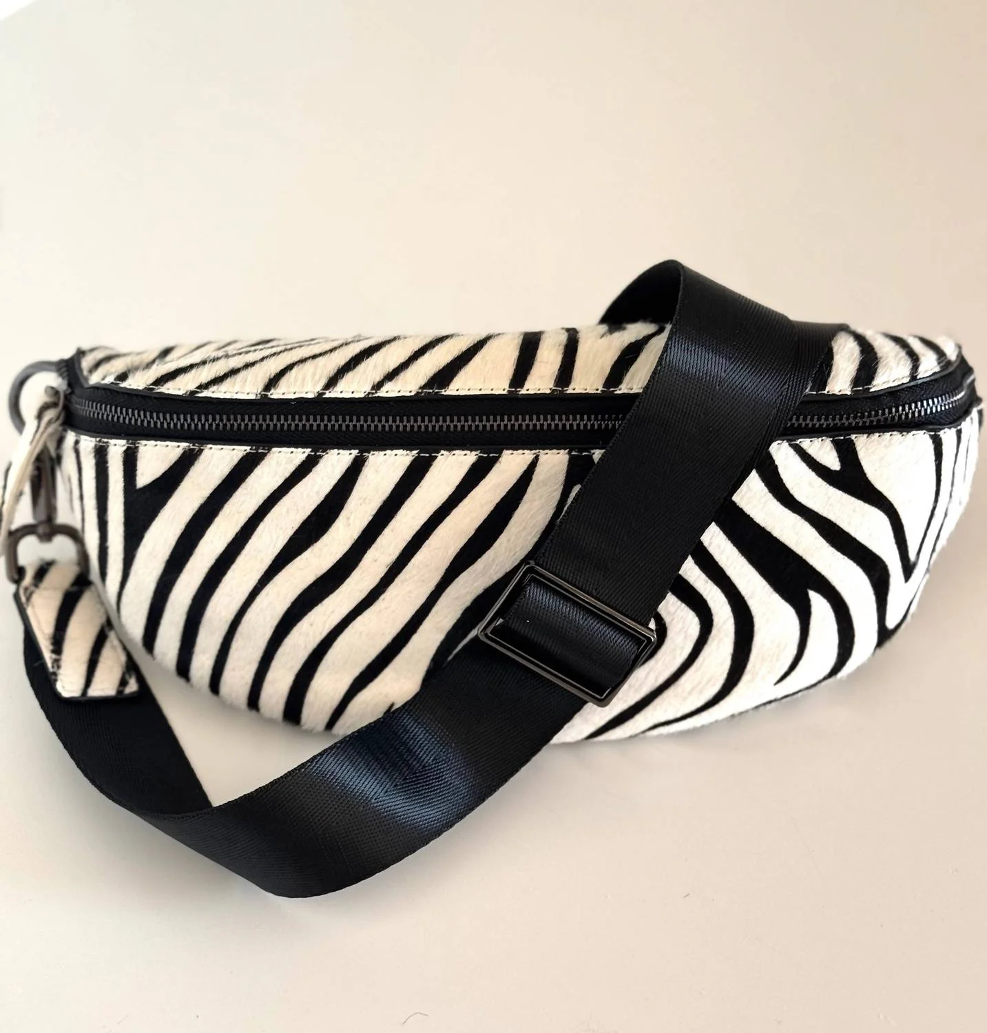Women's Zebra Print Hair-On-Hide Leather Crossbody Sling Bag In Black