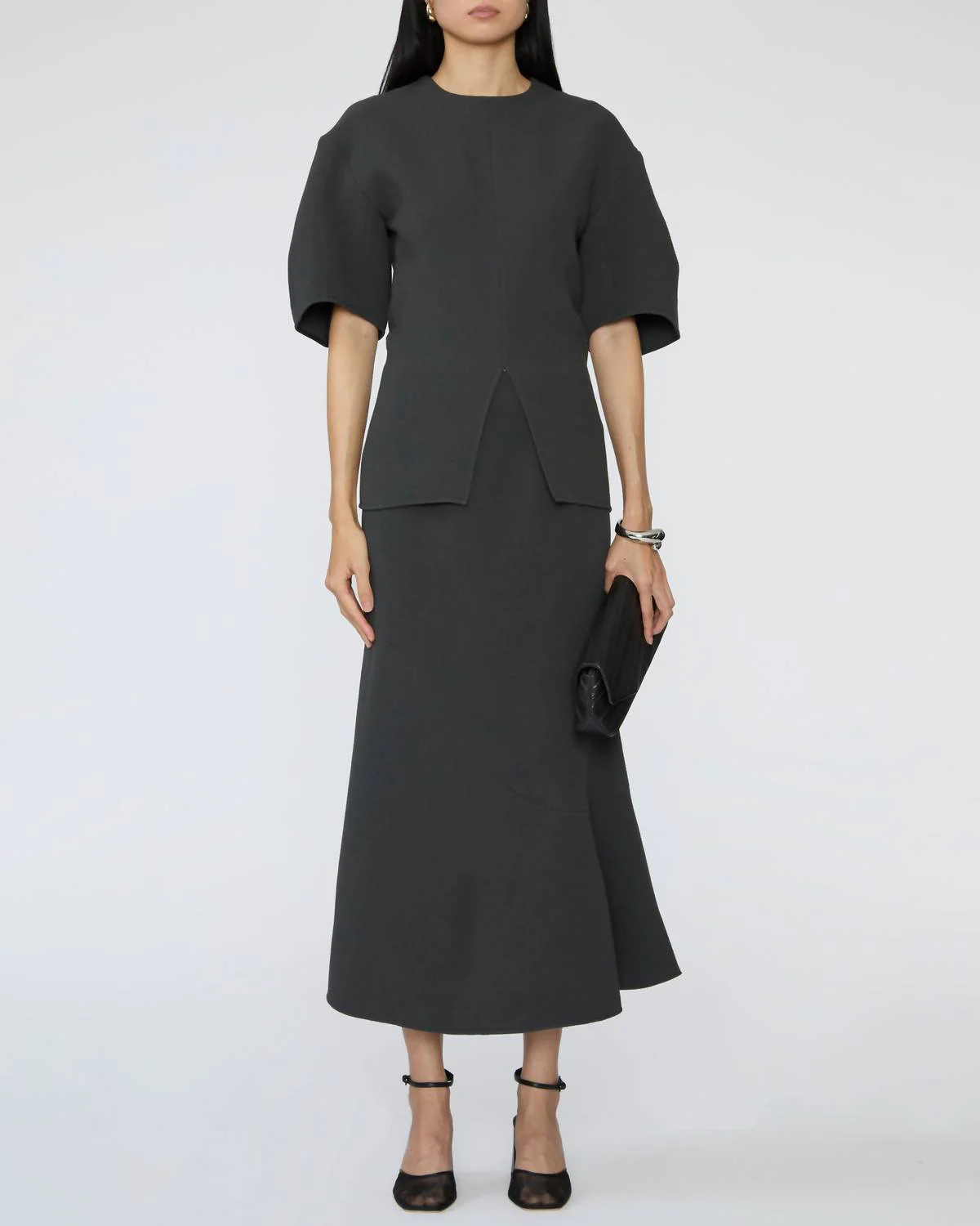 Wool Crepe Marte Fluid Skirt In Dark Grey