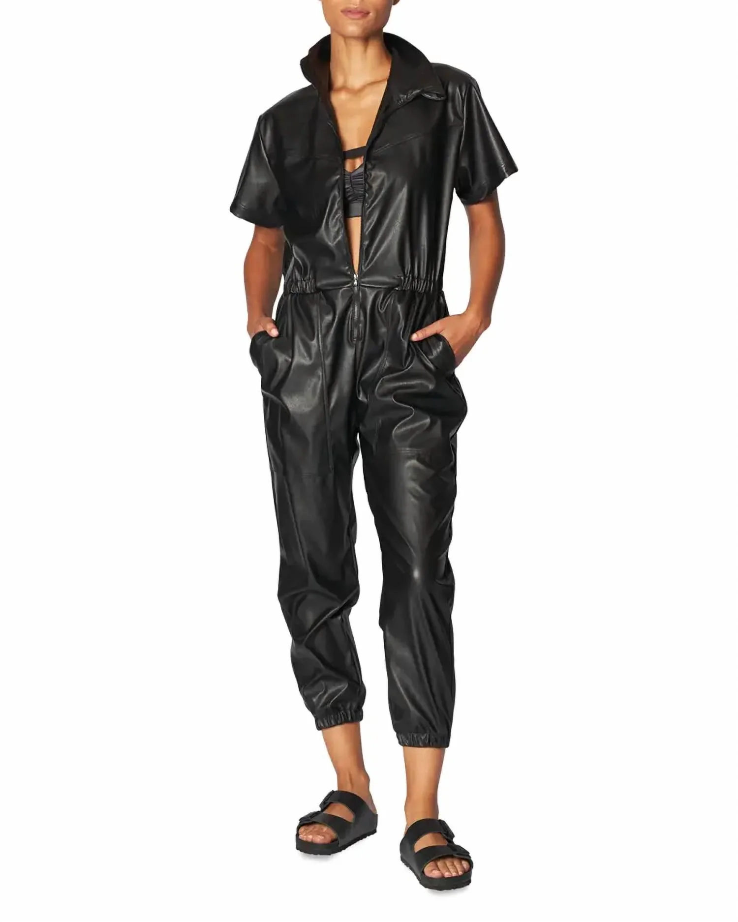 Work Faux-Leather Zip-Front Jumpsuit In Black