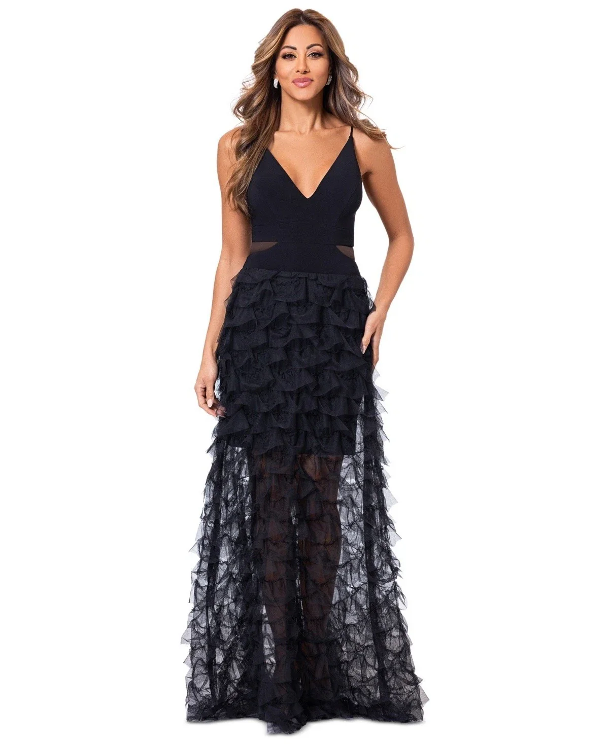 Xscape Dress Women's Black Mesh Sleeveless Ruffle Trim V-Neck Party FROG479