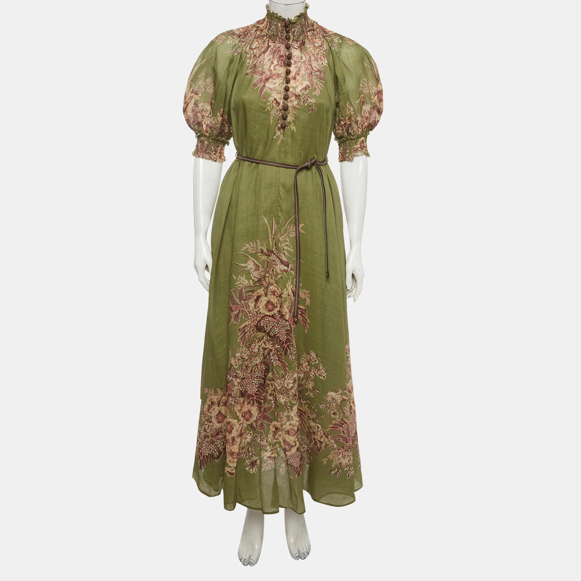 Zimmermann Olive Green Floral Print Linen High Neck Maxi Dress - Image 2