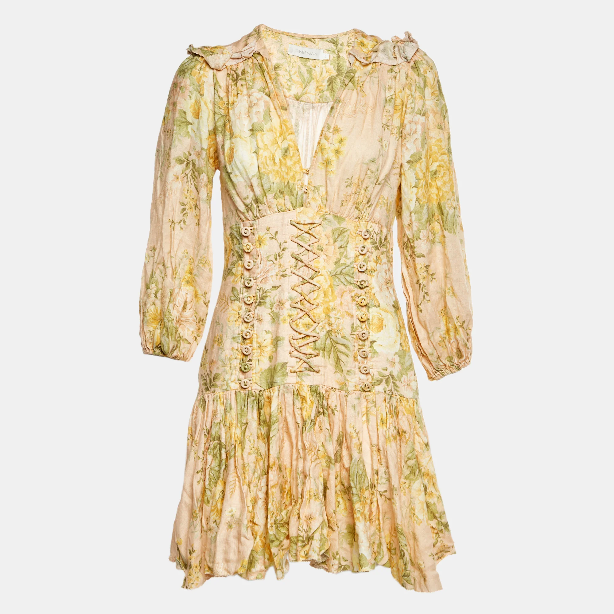 Zimmermann Pink Floral Print Linen Corset Mini Dress