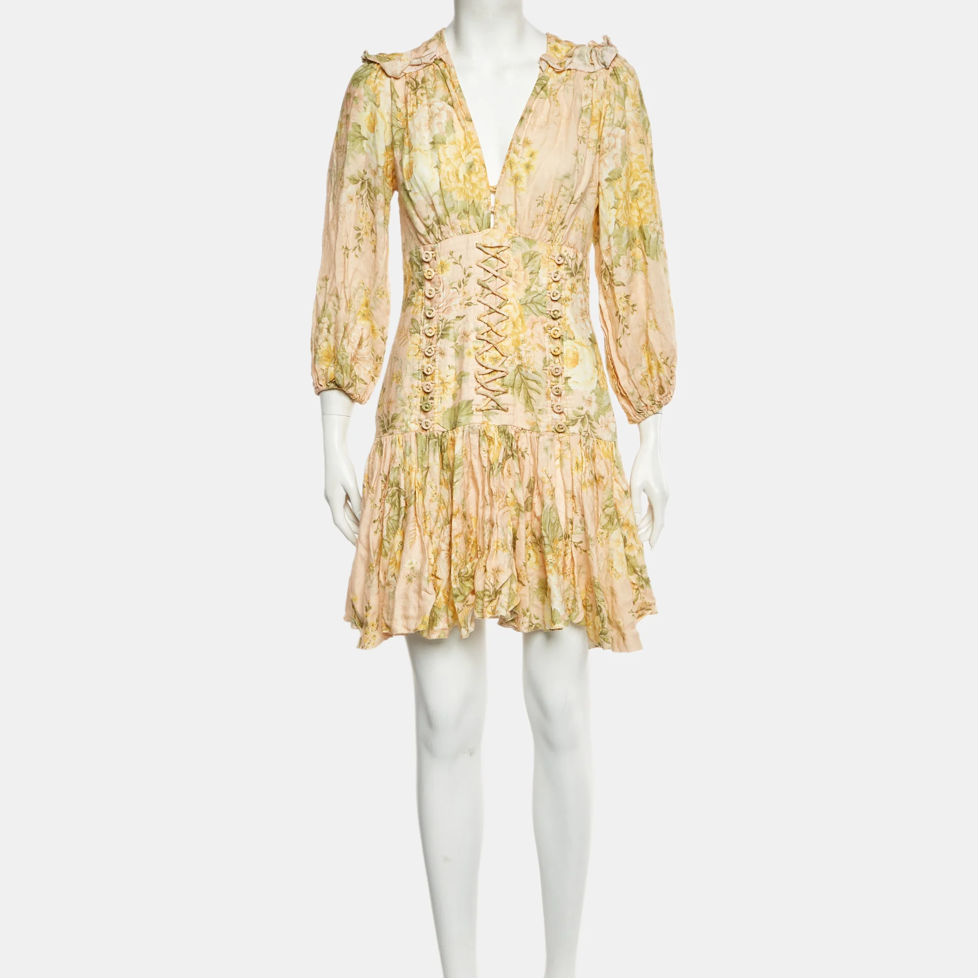 Zimmermann Pink Floral Print Linen Corset Mini Dress - Image 2