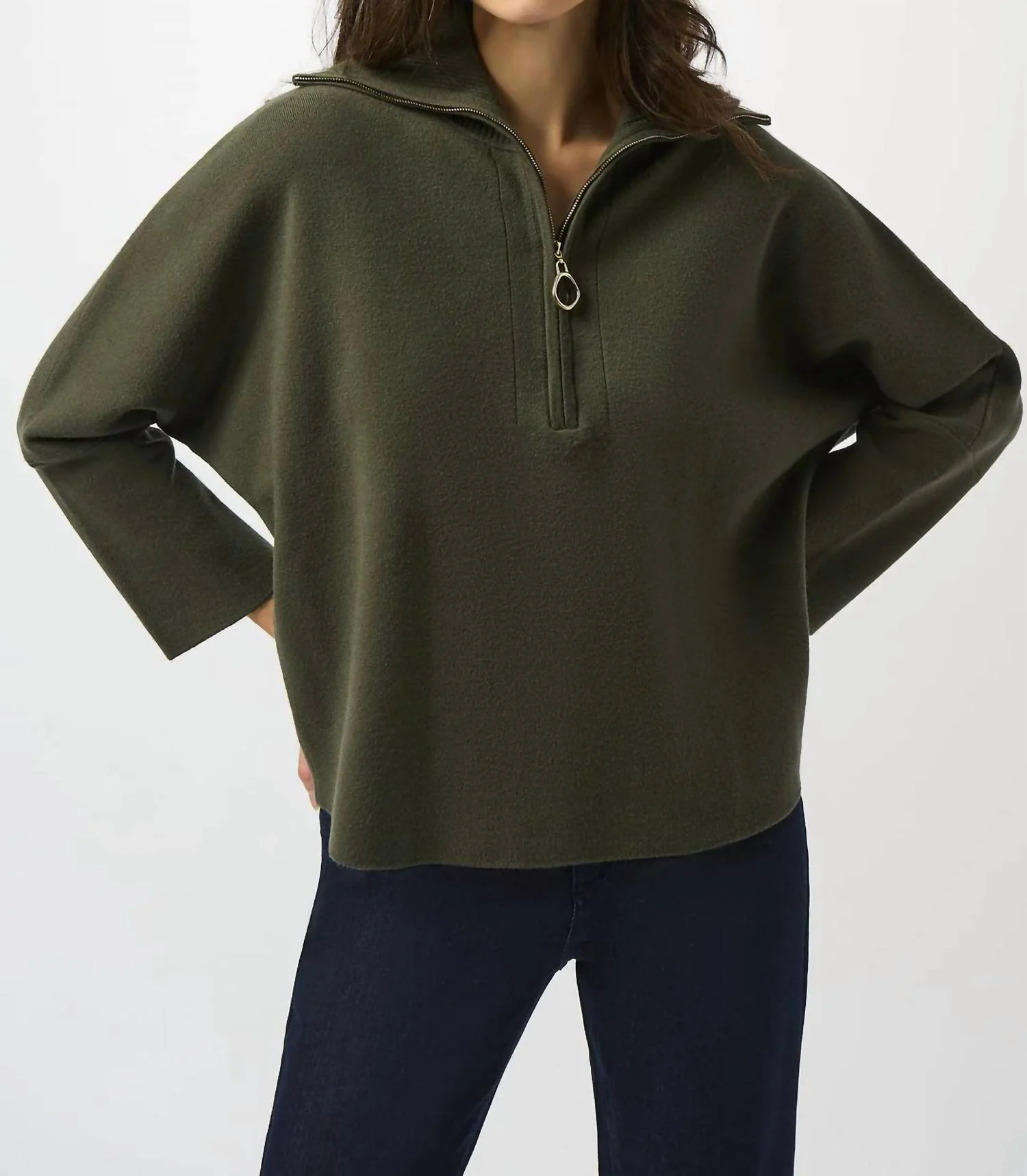 Zipped Collar 3/4 Sleeves Boxy Sweater Top In Avocado
