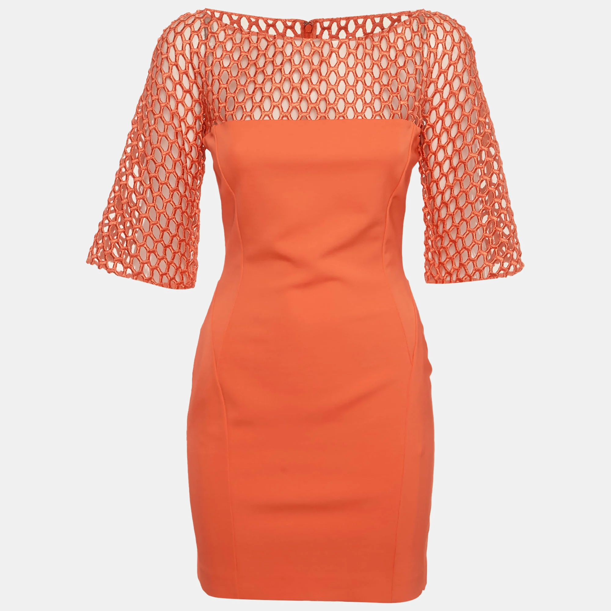 Zuhair Murad Orange Stretch Knit And Mesh Shift Mini Dress